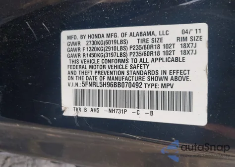 2011 Honda Odyssey Touring/Touring Elite from USA, damaged, VIN 5FNRL5H96BB070492